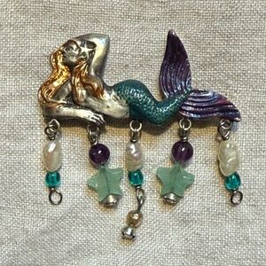 Lucy Isaacs, Vintage Enamel Mermaid Brooch/Pin with Semi Prescious Stone Dangles